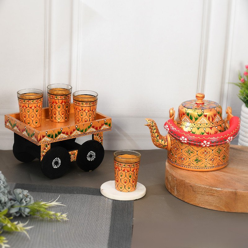 HandPainted Alluminium Tea Kettle with Four Glasses and Wooden Tray For Home Décor , Tea Party , Serving - Image 4