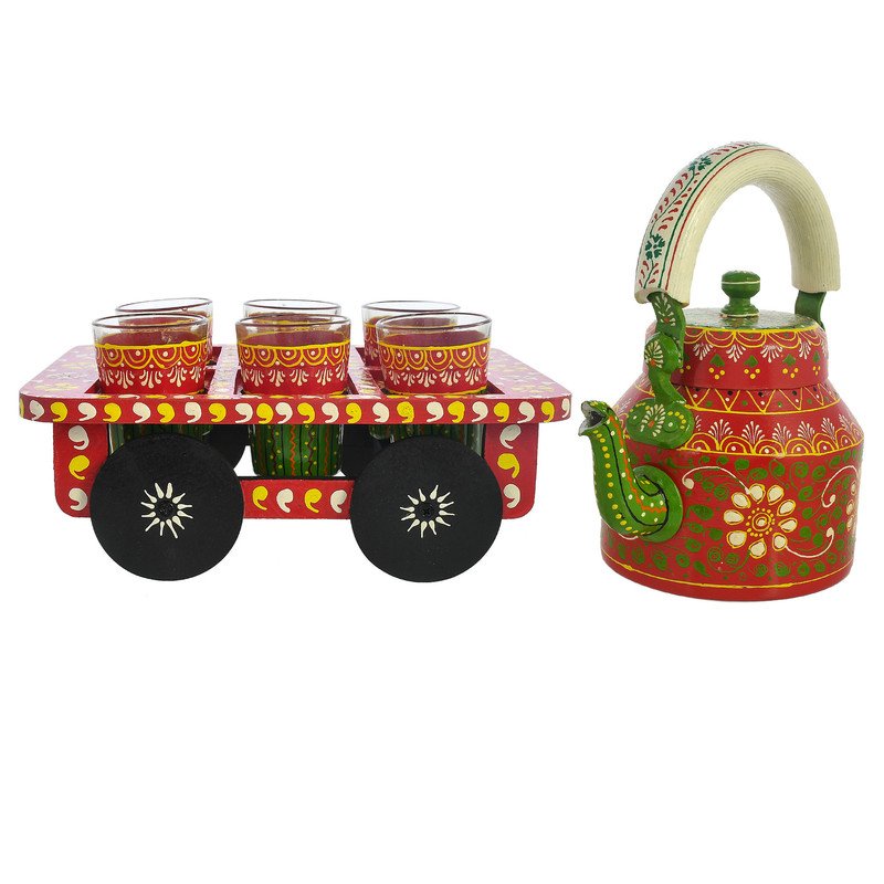 HandPainted Alluminium Tea Kettle with 6 Glasses and Wooden Tray For Home Décor , Tea Party , Serving - Image 6