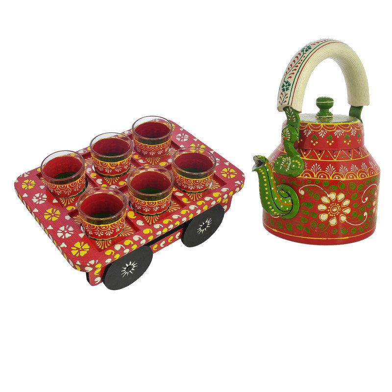 HandPainted Alluminium Tea Kettle with 6 Glasses and Wooden Tray For Home Décor , Tea Party , Serving - Image 2