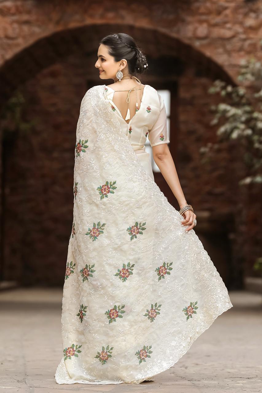 Women's Elegant Sage Green Georgette Saree with Delicate Floral Embroidery & Sequin Work – Perfect for Summer Festivities & Day Events - Image 3