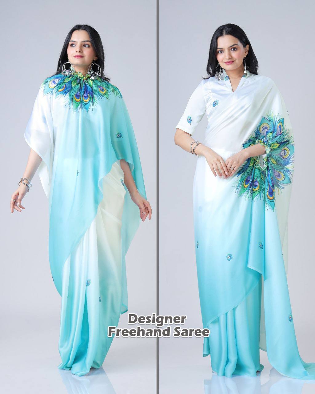 Women's Vibrant Lemon Yellow Satin Silk Kaftan Saree with Multi-Color Digital Print Yoke & Border Design - Image 15