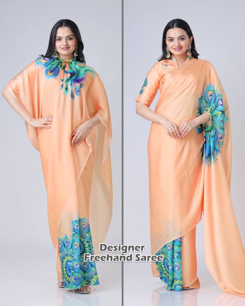 Women's Vibrant Lemon Yellow Satin Silk Kaftan Saree with Multi-Color Digital Print Yoke & Border Design - Image 12