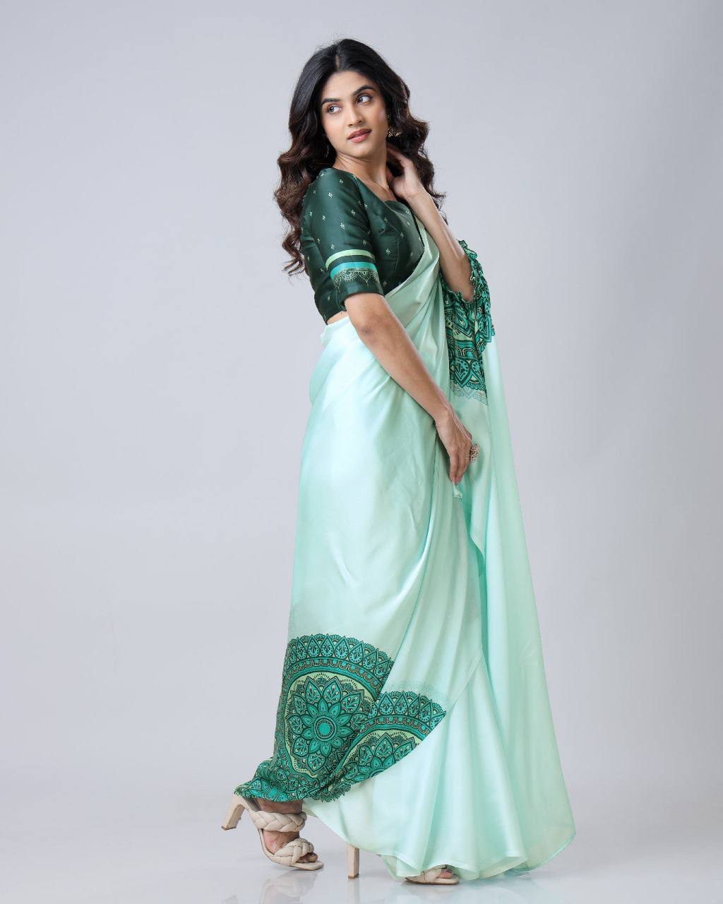Women's Vibrant Lemon Yellow Satin Silk Kaftan Saree with Multi-Color Digital Print Yoke & Border Design - Image 7