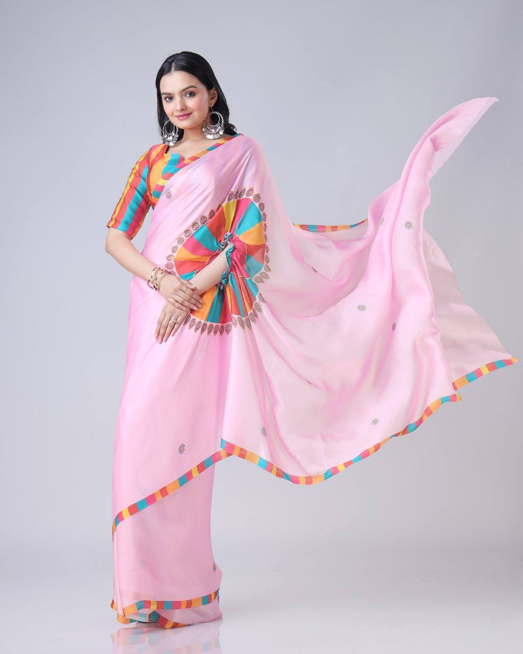 Women's Vibrant Lemon Yellow Satin Silk Kaftan Saree with Multi-Color Digital Print Yoke & Border Design - Image 5