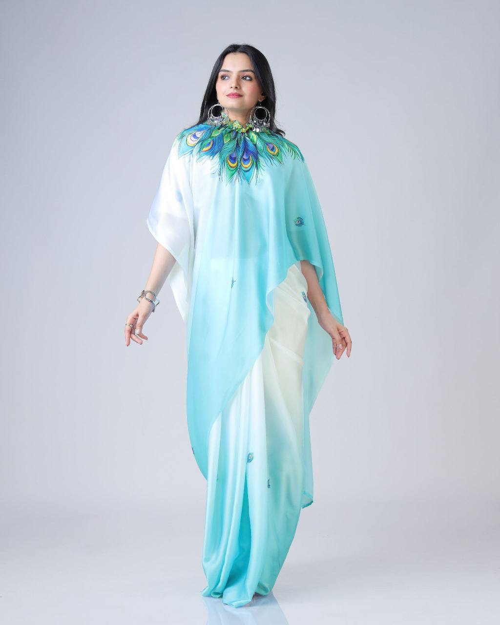 Women's Vibrant Lemon Yellow Satin Silk Kaftan Saree with Multi-Color Digital Print Yoke & Border Design - Image 4