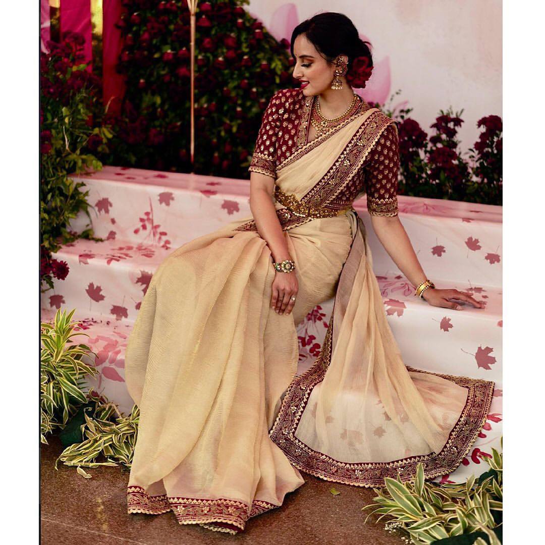 Women's Elegant Cream Georgette/Chiffon Saree with Maroon Zari & Thread Work Border – Paired with Heavy Embroidered Blouse for Wedding & Festive Wear - Image 3