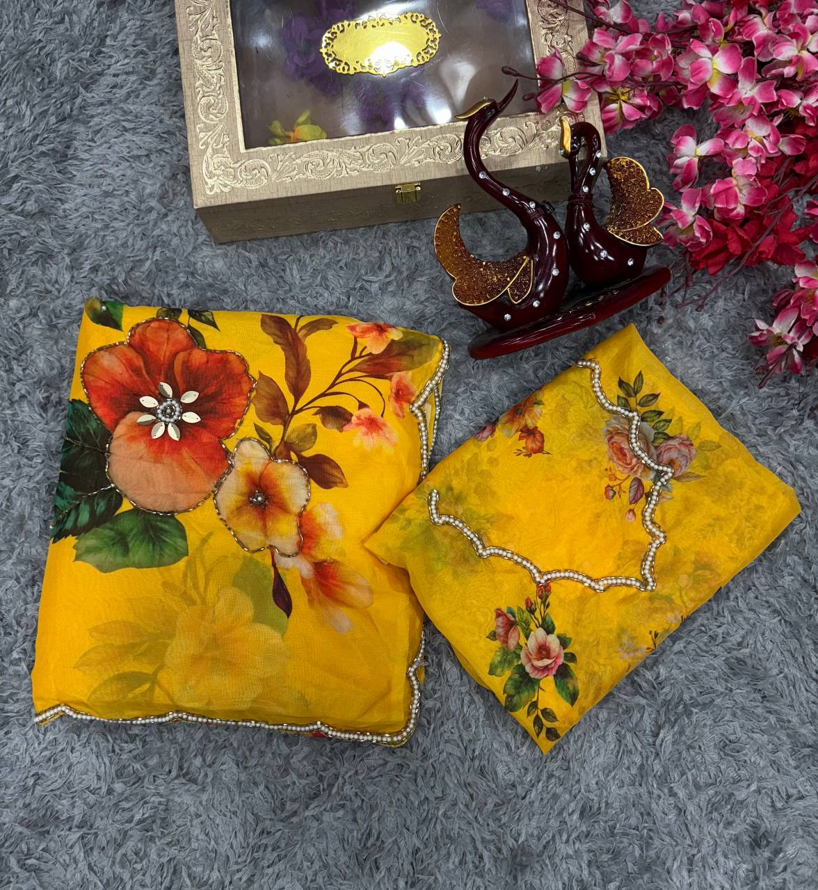 Women's Vibrant Yellow Floral Digital Print Saree with Zari and Stone Embellishments – Complete with Heavily Worked Blouse Piece for Festive & Wedding Wear